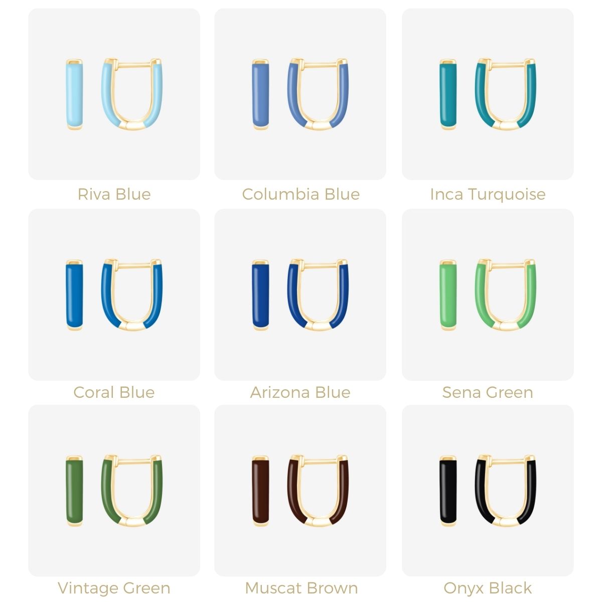 Neun U-förmige Kreolen in Blau-, Grün-, Braun- und Schwarztönen mit goldener Fassung in Rasteransicht dargestellt