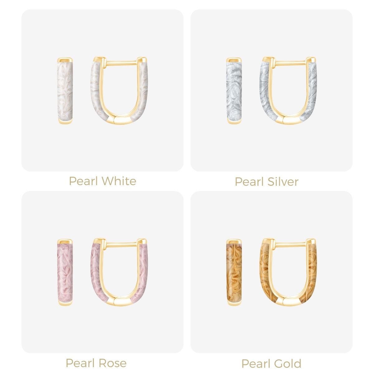 Vier U-förmige Kreolen in Perlmuttfarben: Weiß, Silber, Rosé, Gold in Rasternansicht dargestellt
