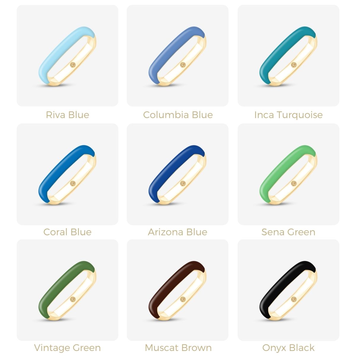 Neun quadratische Ringe in Blau-, Grün-, Braun- und Schwarztönen mit goldener Fassung