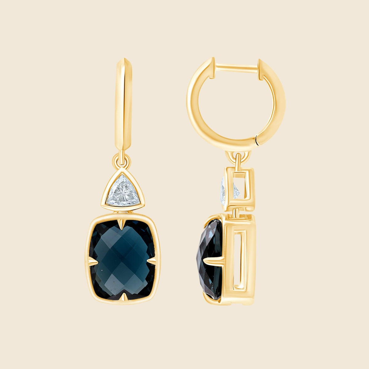 Gelbgoldene Creolen mit London Blue Topas und Trillion Lab Diamant – Front- und Seitenansicht
