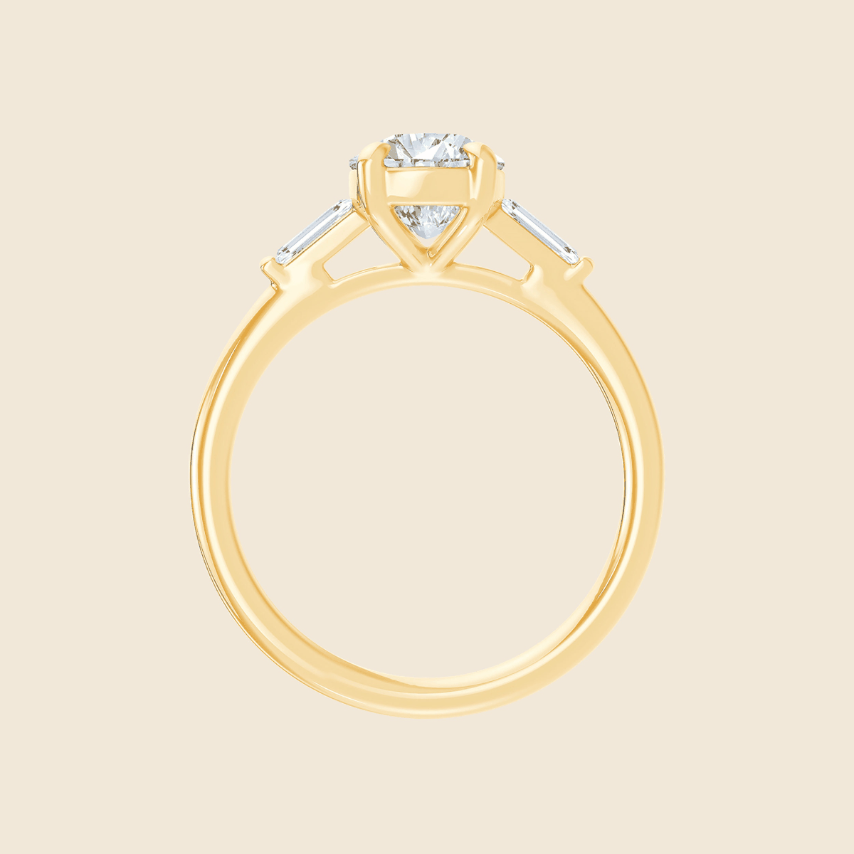 Verlobungsring aus Gelbgold mit Lab Diamant im Elongated Cushion-Schliff und seitlichen Tapered Baguette Diamanten, seitlich