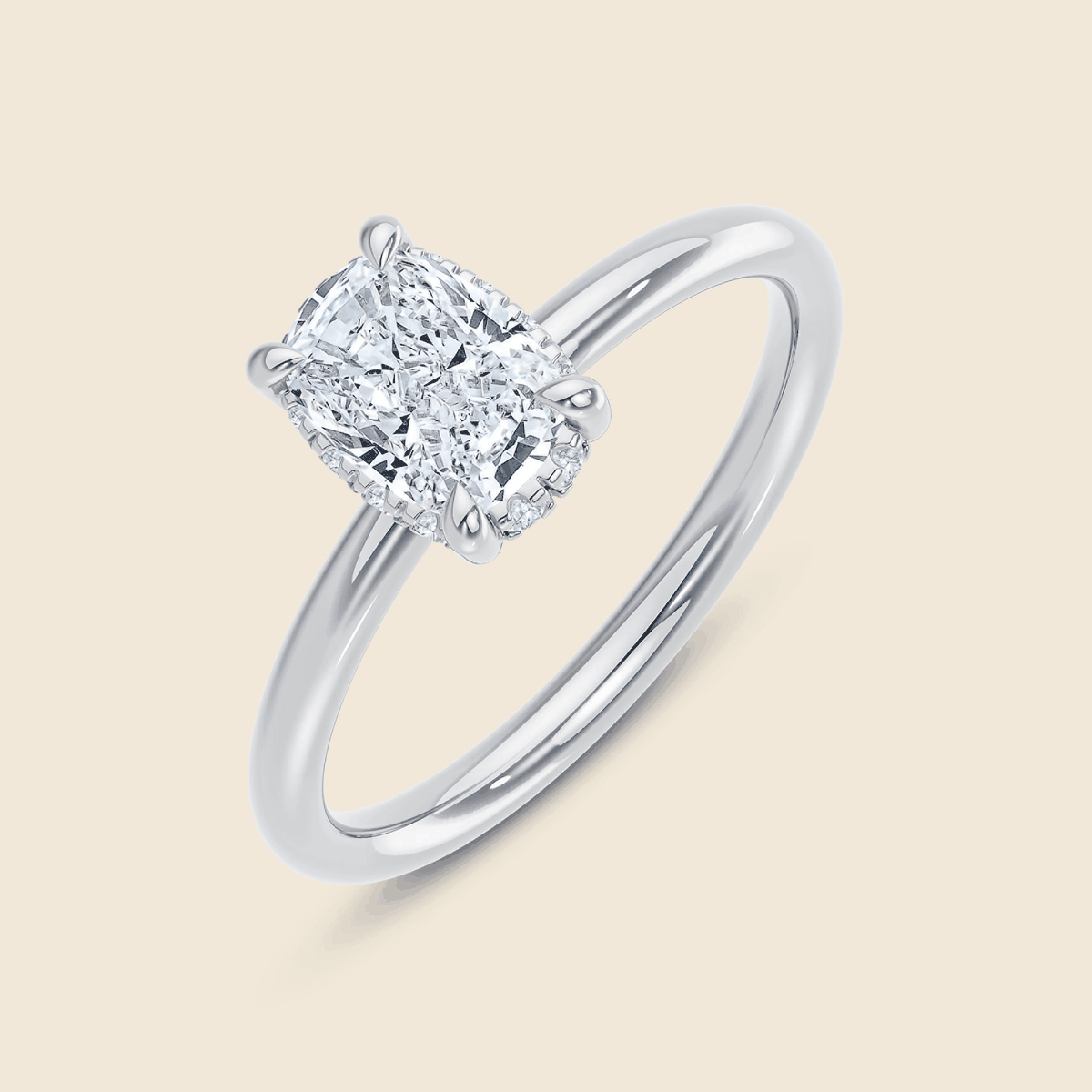 Verlobungsring aus Weissgold mit Lab Diamant im Elongated Cushion-Schliff und Halo aus kleinen Diamanten