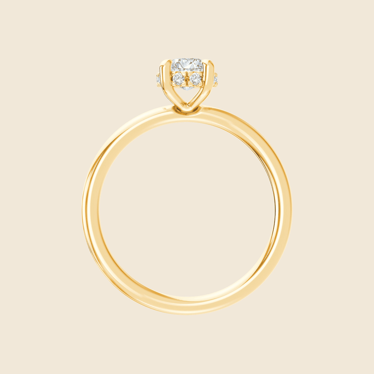 Verlobungsring aus Gelbgold mit Lab Diamant im Elongated Cushion-Schliff und Halo aus kleinen Diamanten, seitlich