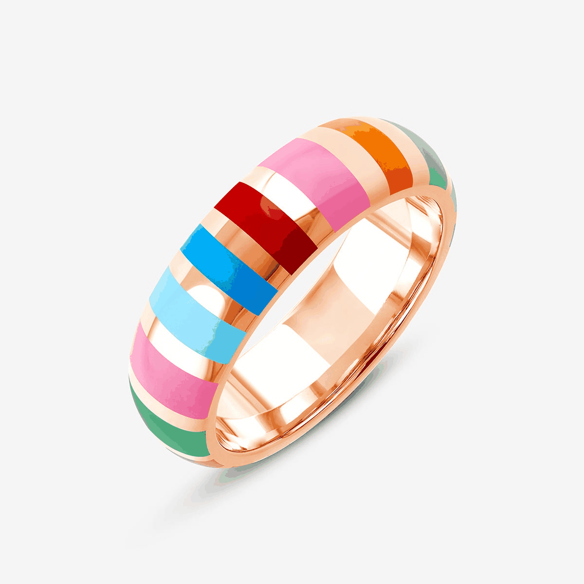 Ring Gold Rosé mit dickem, gewölbtem Band, glänzender Oberfläche und bunten Streifen.