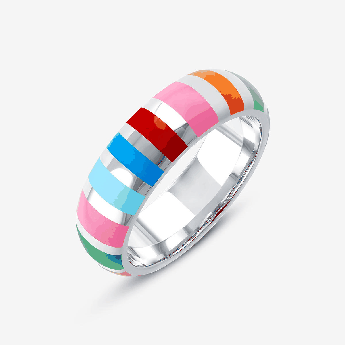 Ring Weißgold mit dickem, gewölbtem Band, glänzender Oberfläche und bunten Streifen.