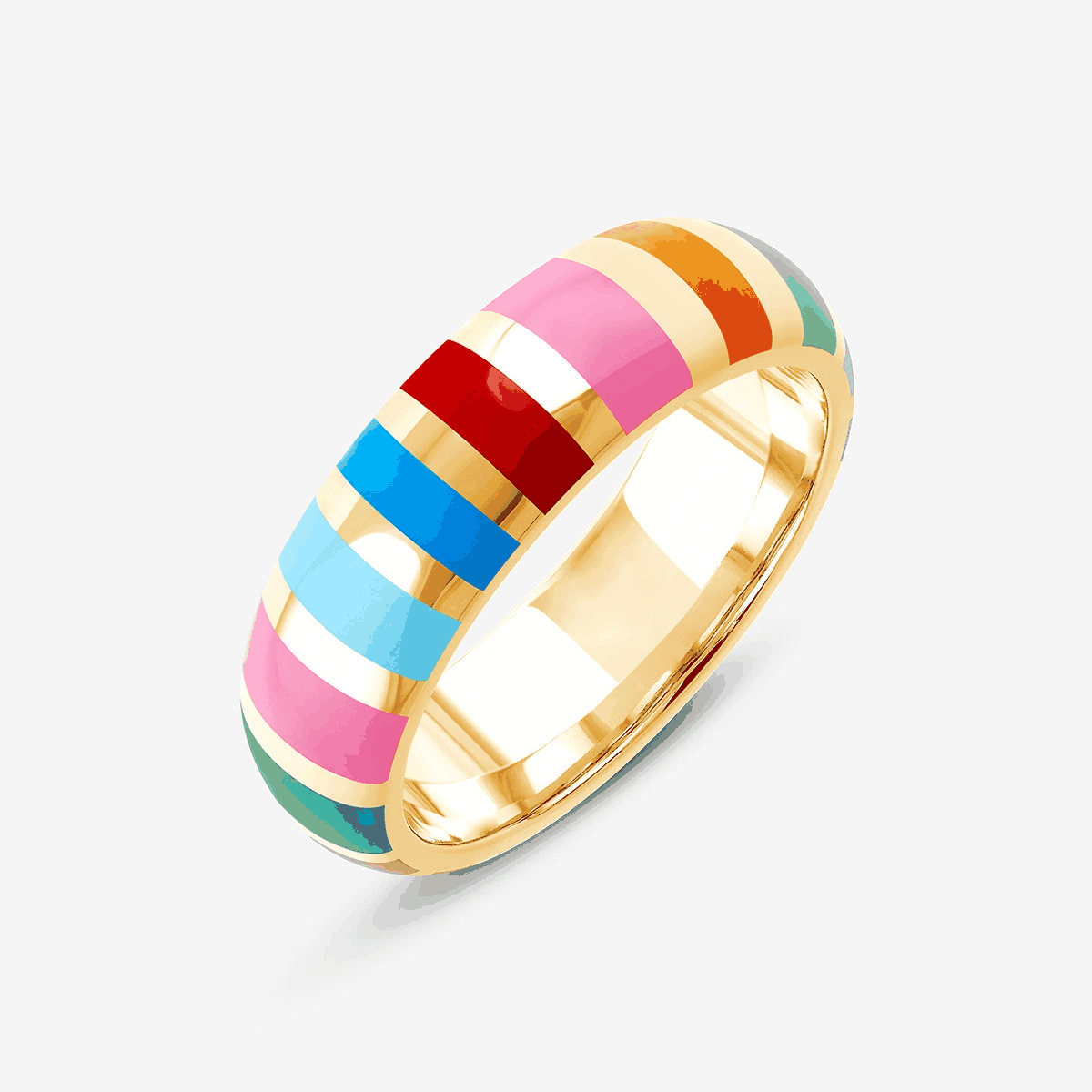 Ring Gelbgold mit dickem, gewölbtem Band, glänzender Oberfläche und bunten Streifen.