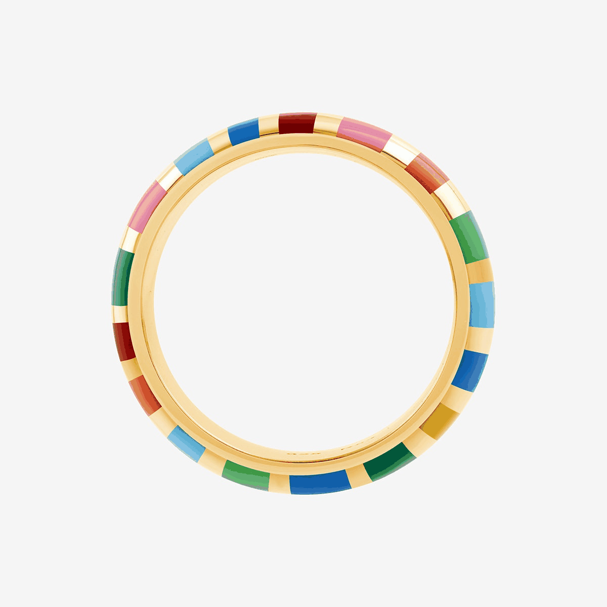 Ring Gelbgold mit dickem, gewölbtem Band, glänzender Oberfläche und bunten Streifen vorne