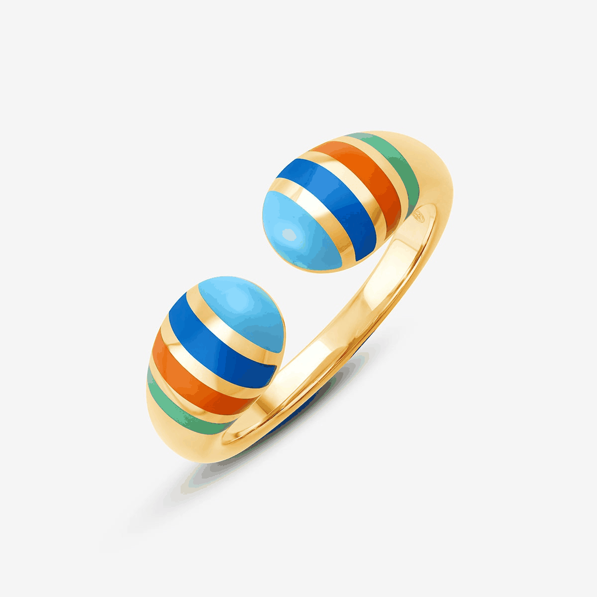Dicker, offener Ring gelbgold mit breiter runder Form und bunten, horizontalen Streifen.