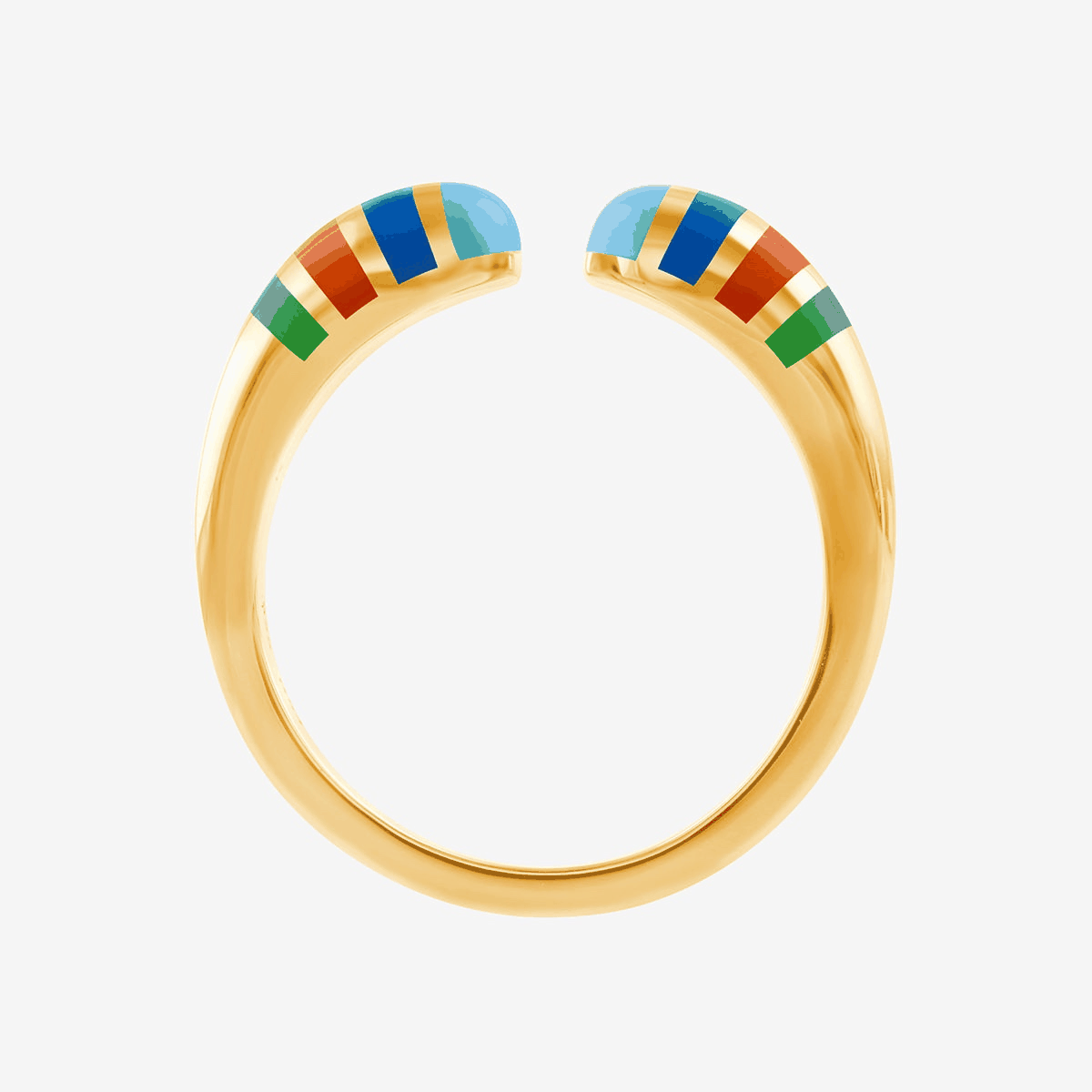 Dicker, offener Ring gelbgold mit breiter runder Form und bunten, horizontalen Streifen vorne