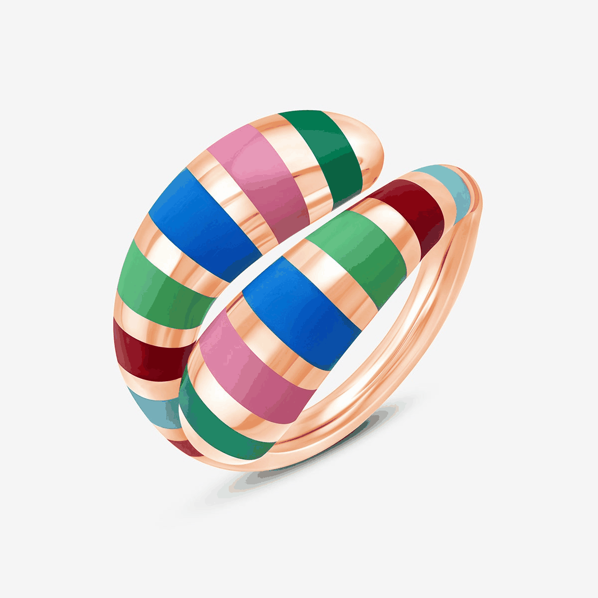 Roségoldener, offener Ring mit breiter, überlappender Form mit bunten, horizontalen Streifen.