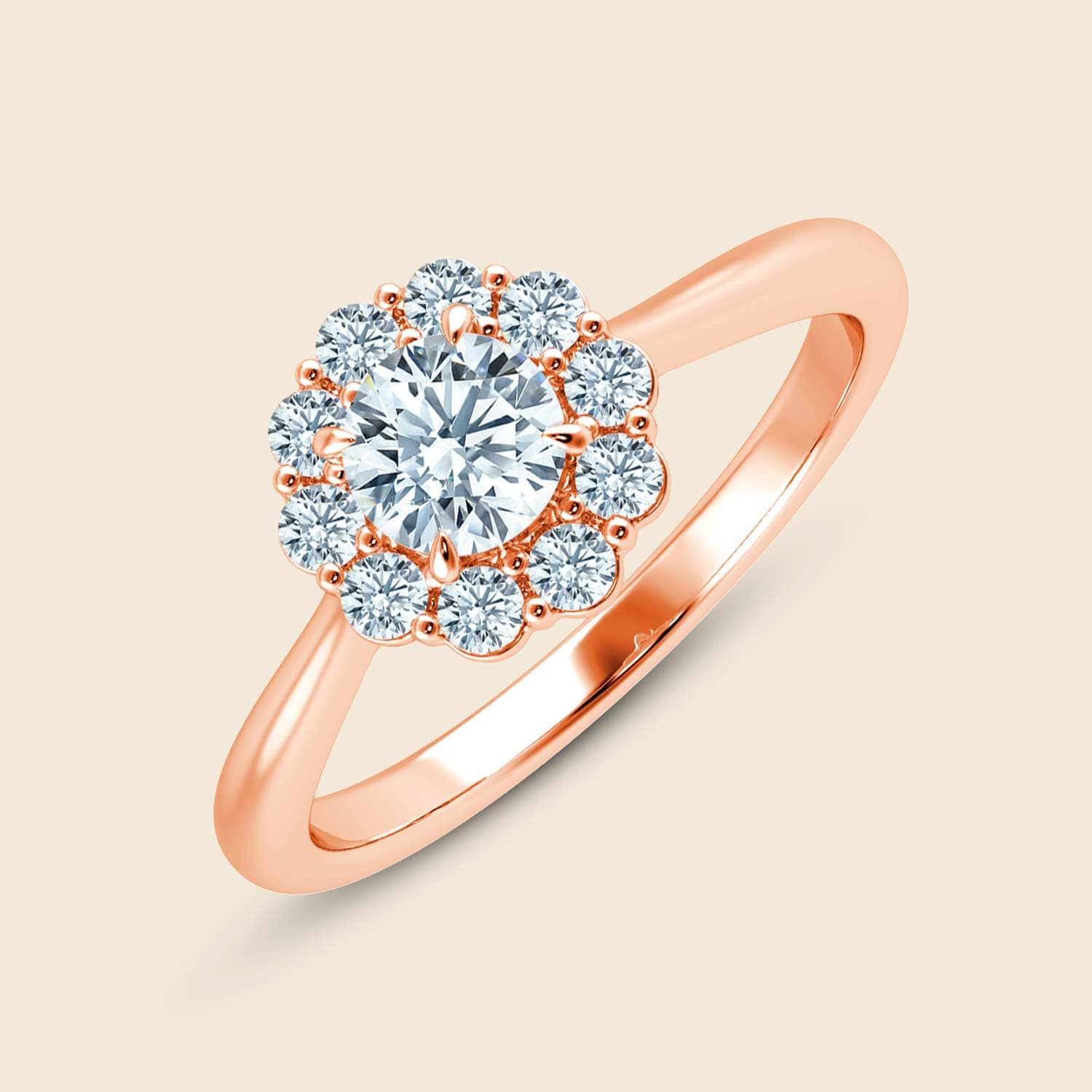 Geschwungener Halo-Ring in Roségold Frontansicht