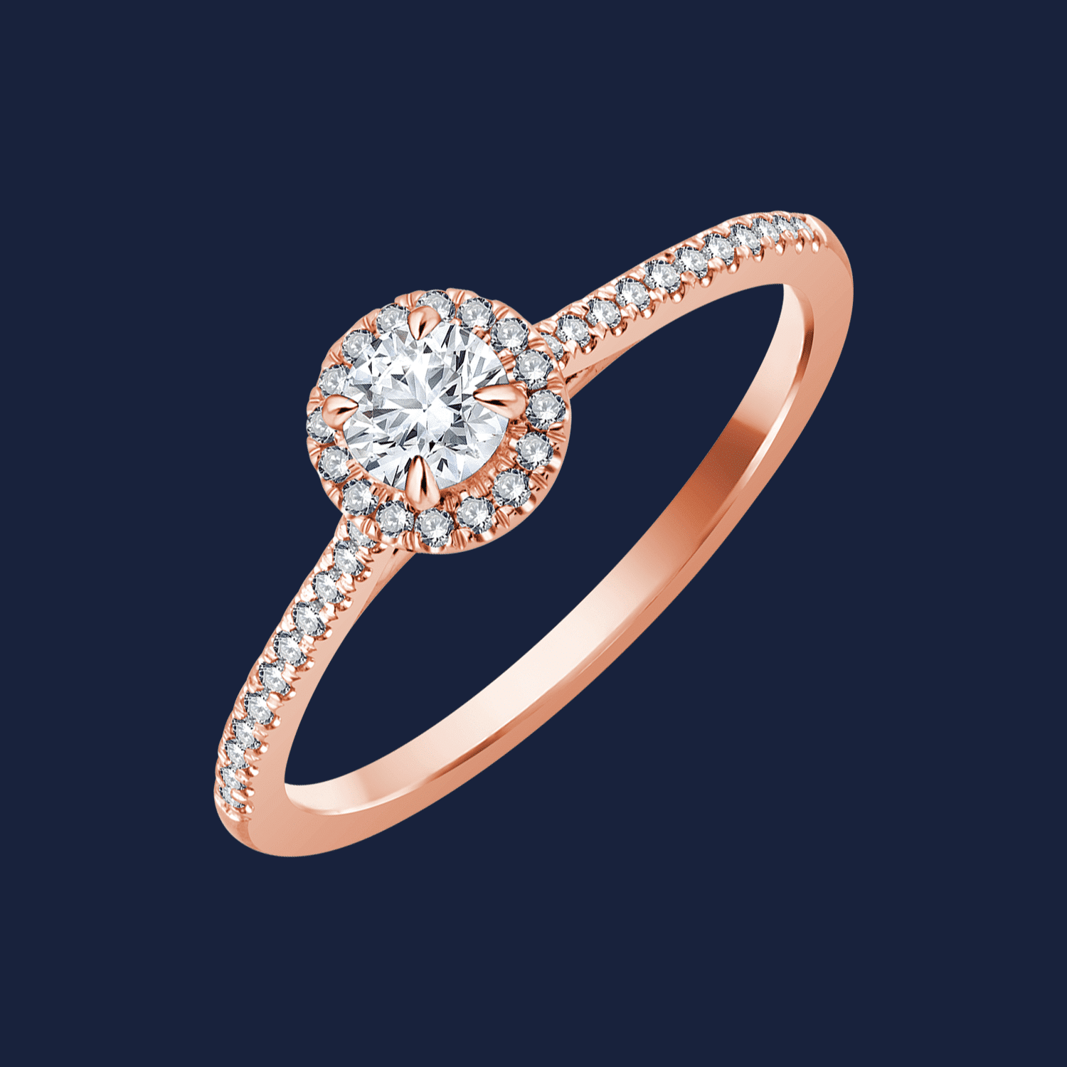Eleganter Verlobungsring in Rose mit natürlichem Diamant als feinen Halo