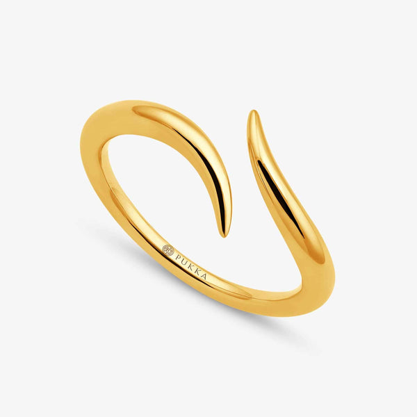 Ring in Gold dessen Enden in zwei verschiedene Richtungen zeigen 