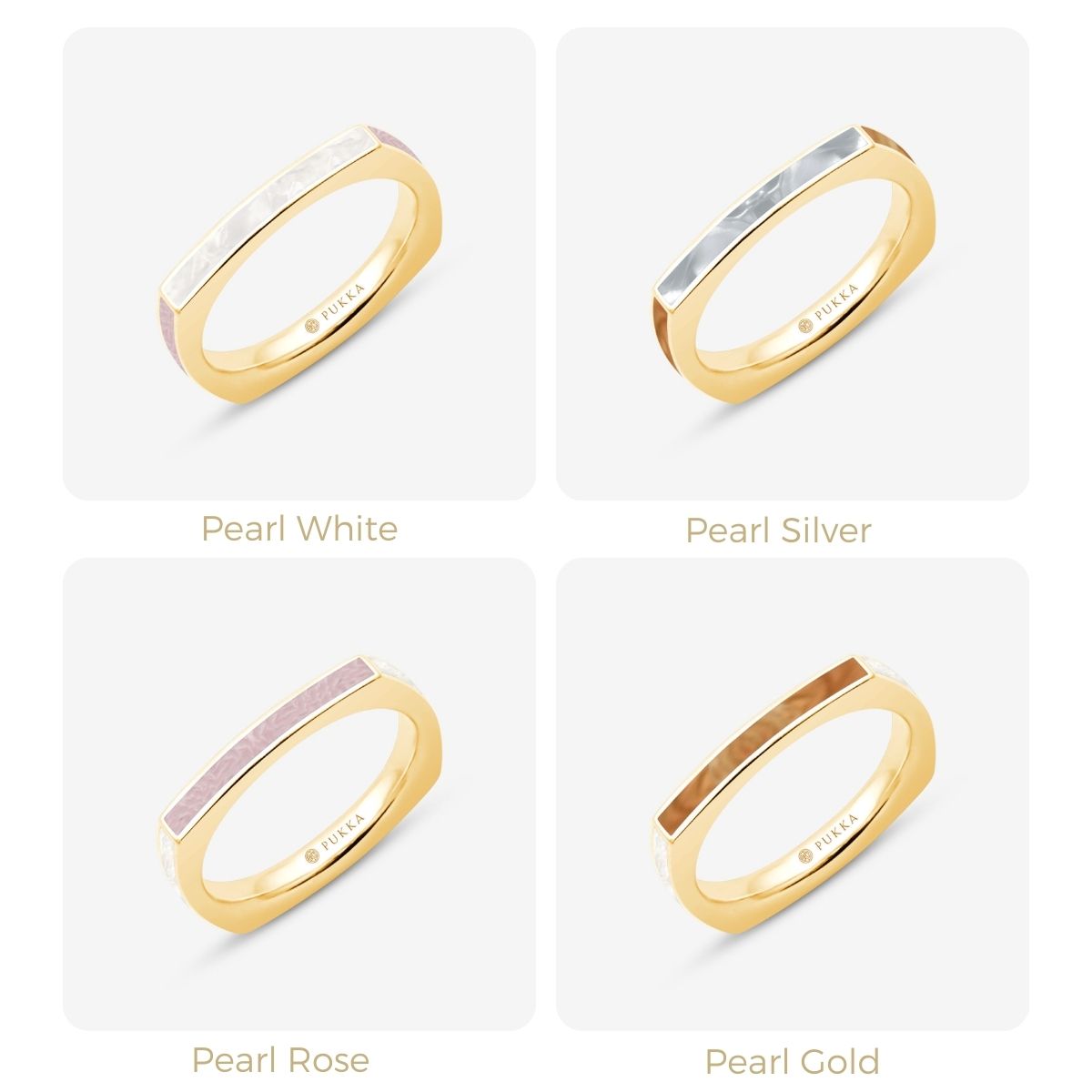 Vier quadratische Ringe in Perlmuttfarben: Weiß, Silber, Rosé, Gold ein Gelbgold in Rasteransicht dargestellt 