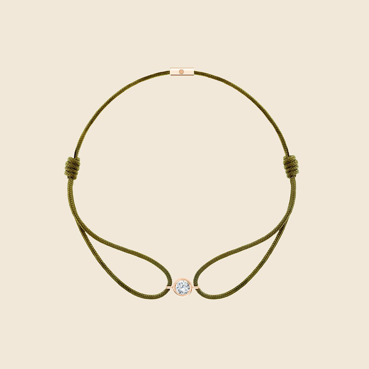 khakifarbenes Kordarmband mit rundem Lab Diamanten und Fassung in Rose