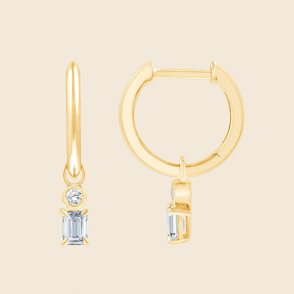 Ohrhänger mit rund- und smaragtgeschliffenen Lab Diamanten in Gelbgold