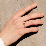 Eine Hand, welche den Ring am Ringfinger trägt und somit den großen, zentralen Lab-Diamant mit Rund-Schliff in Szene setzt