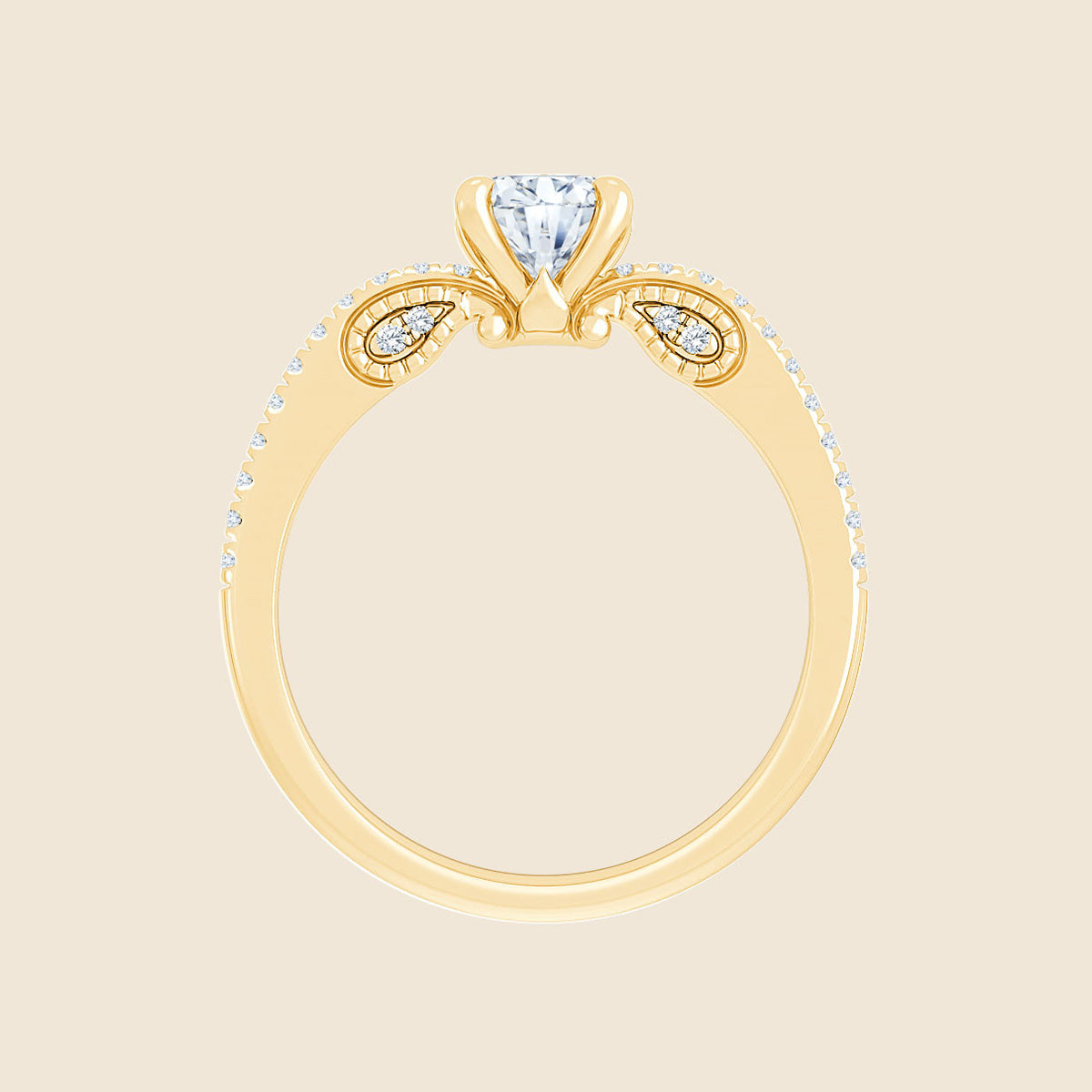 Goldring von vorne mit einem Lab-Diamanten in Oval-Schliff an der Spitze. An der Front ist das Paisley-Muster mit eingearbeiteten 4 Seitendiamanten zu sehen.
