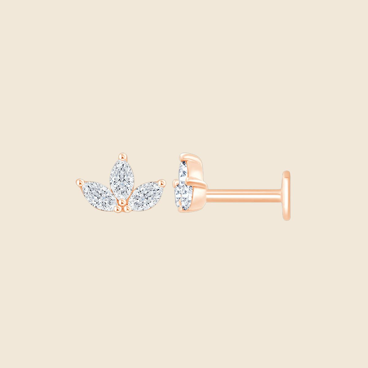 rosegoldenes 14k Piercing mit drei Lab Diamanten in Krappenfassung
