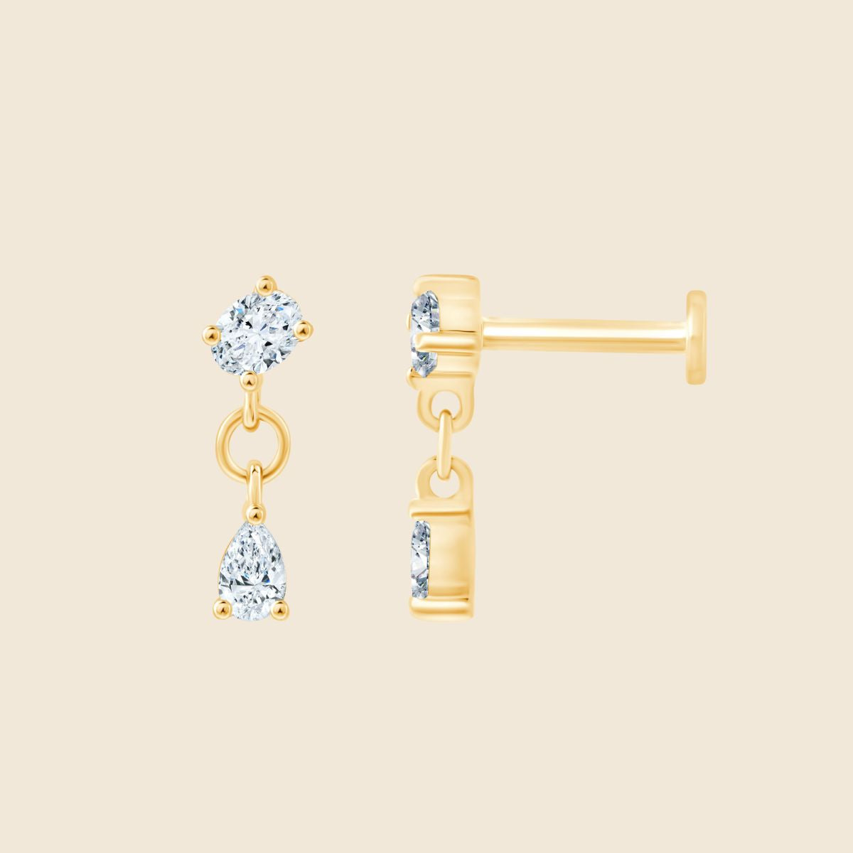 elegantes 14k Gold Piercing mit zwei Lab Diamanten im Oval- und Tropfenschliff