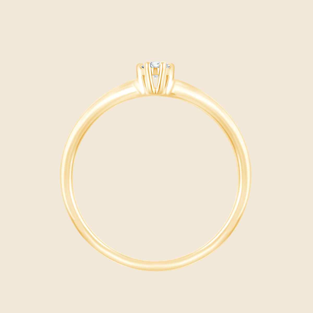 Draufsicht schmaler gelbgoldener Verlobungsring mit Krappenfassung und rundem Labor Diamant