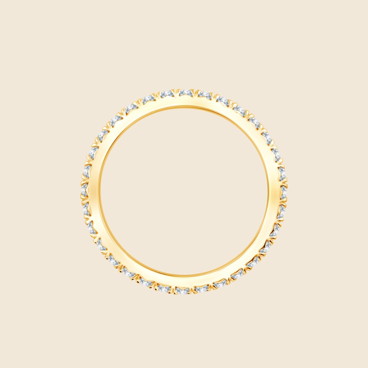 Draufsicht gelbgoldener Ehering mit runden Labor Diamanten in gemeinsamer Krappenfassung die um das gesamte Ringband führt