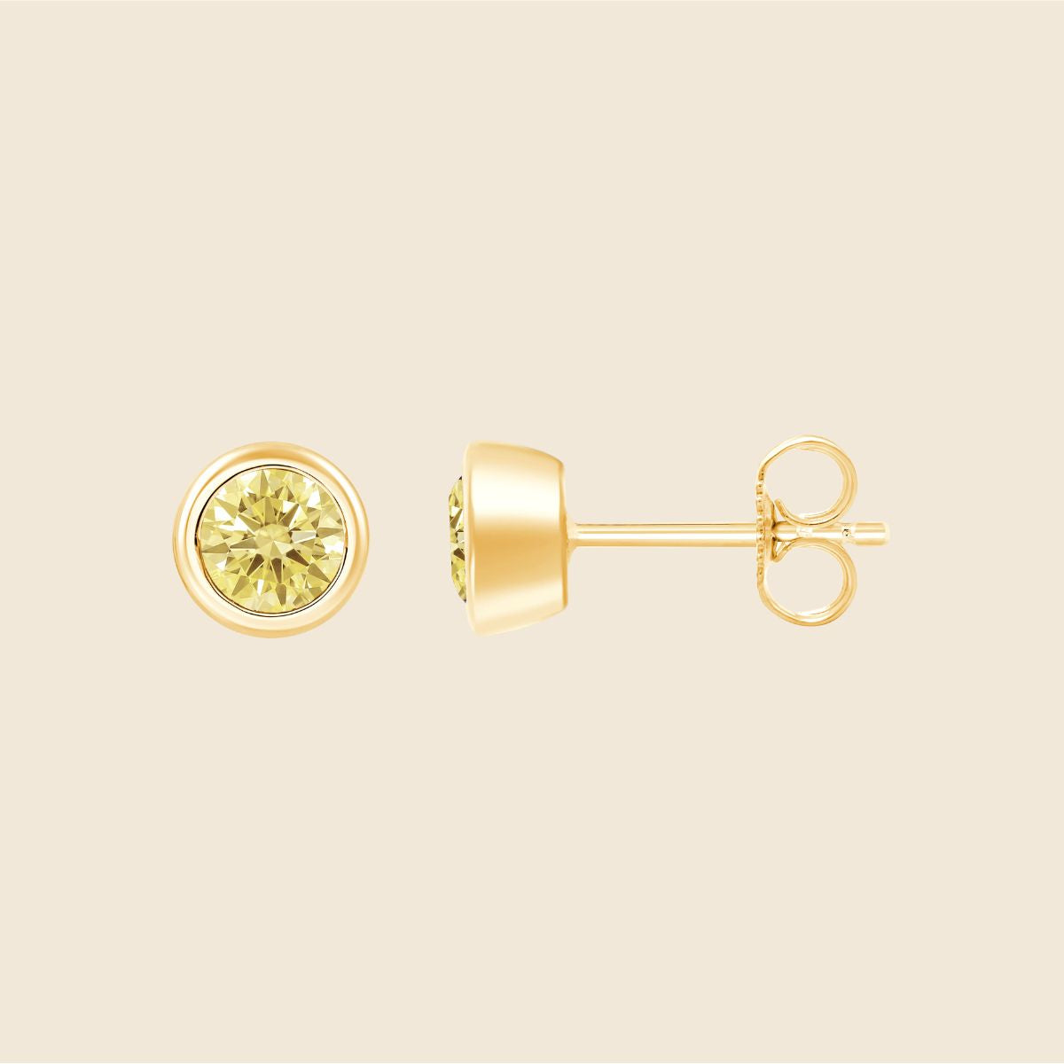 Ohrstecker aus Gelbgold mit rundem gelben 0.6ct Diamanten in Zargenfassung, Vorder- und Seitenansicht 