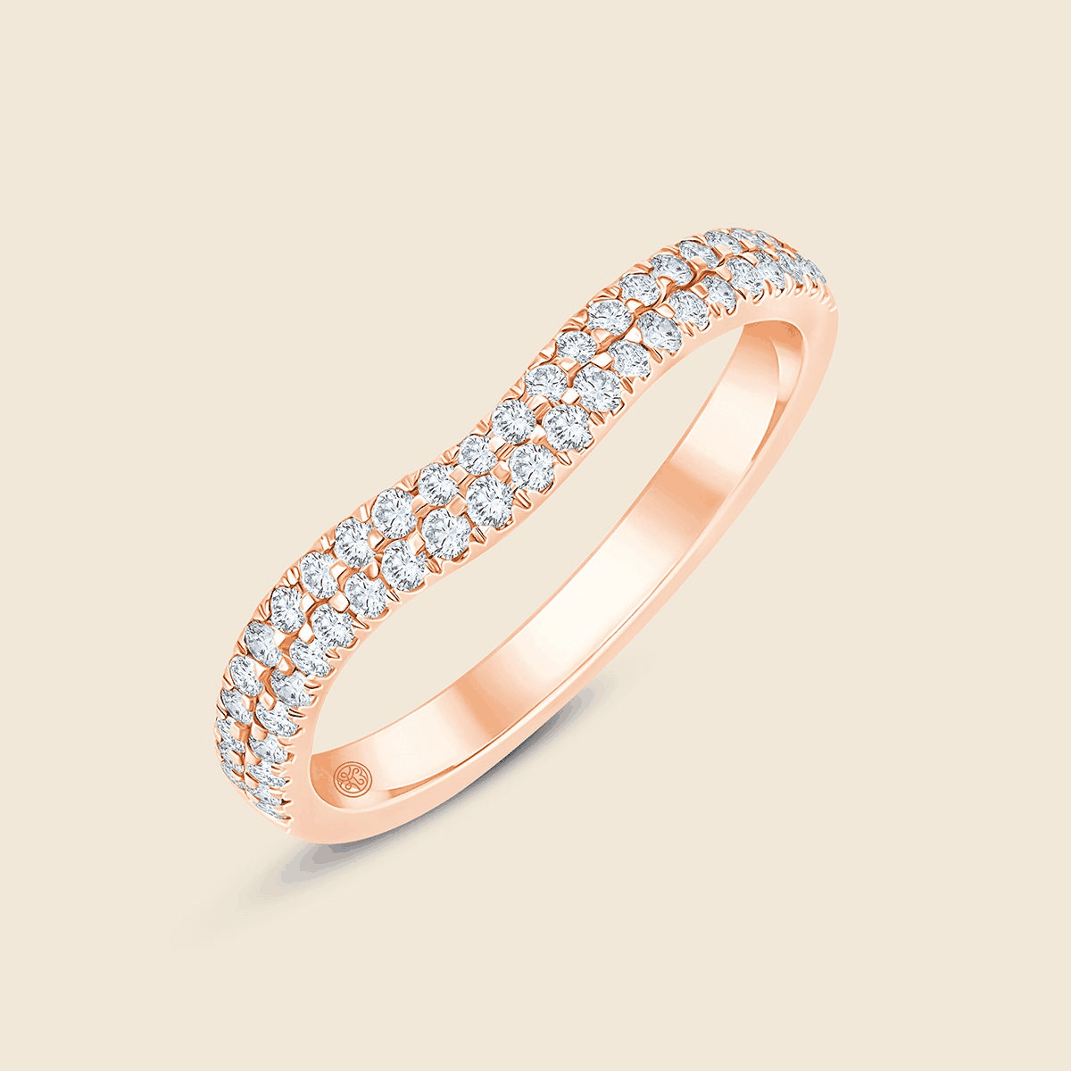 Rosegoldring in Wellenform mit doppelter Ringschiene, mit kleinen Lab Diamanten 