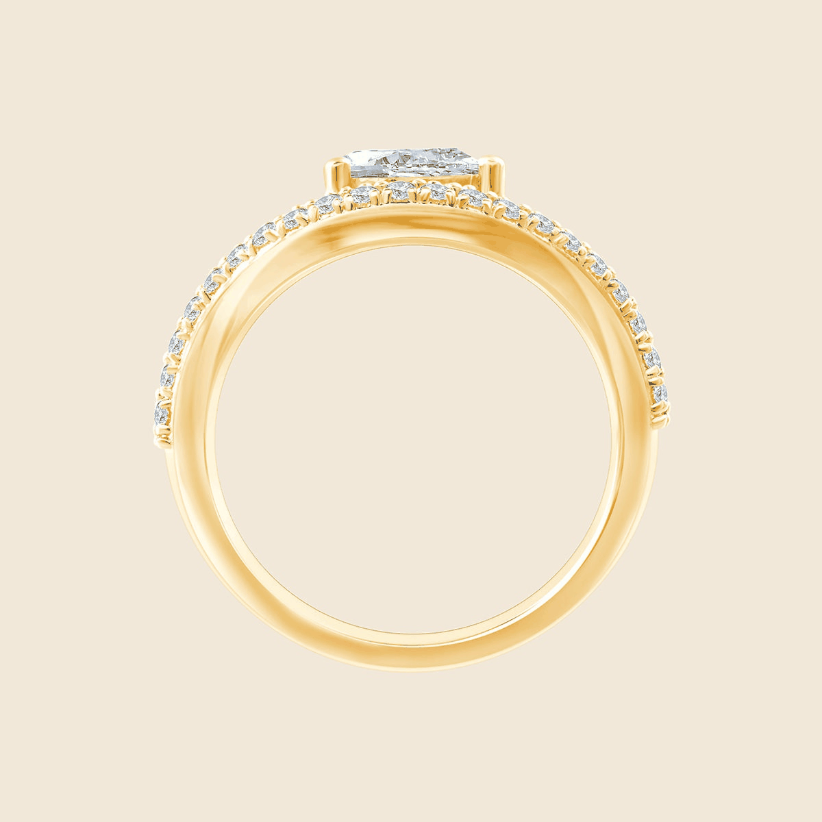 Gelbgold Ring in Wellenform mit Pavé-Diamanten und seitlichem Pear Lab Diamant, seitlich