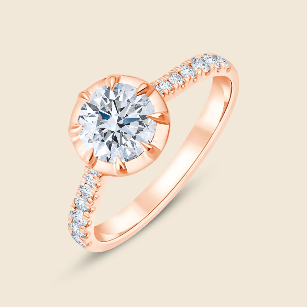 Rosegold Verlobungsring mit rundem Lab Diamant und Micro-Diamanten