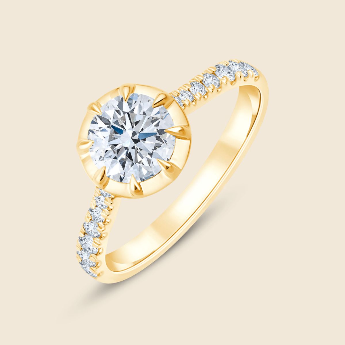 Gelbgold Verlobungsring mit rundem Lab Diamant und Micro-Diamanten