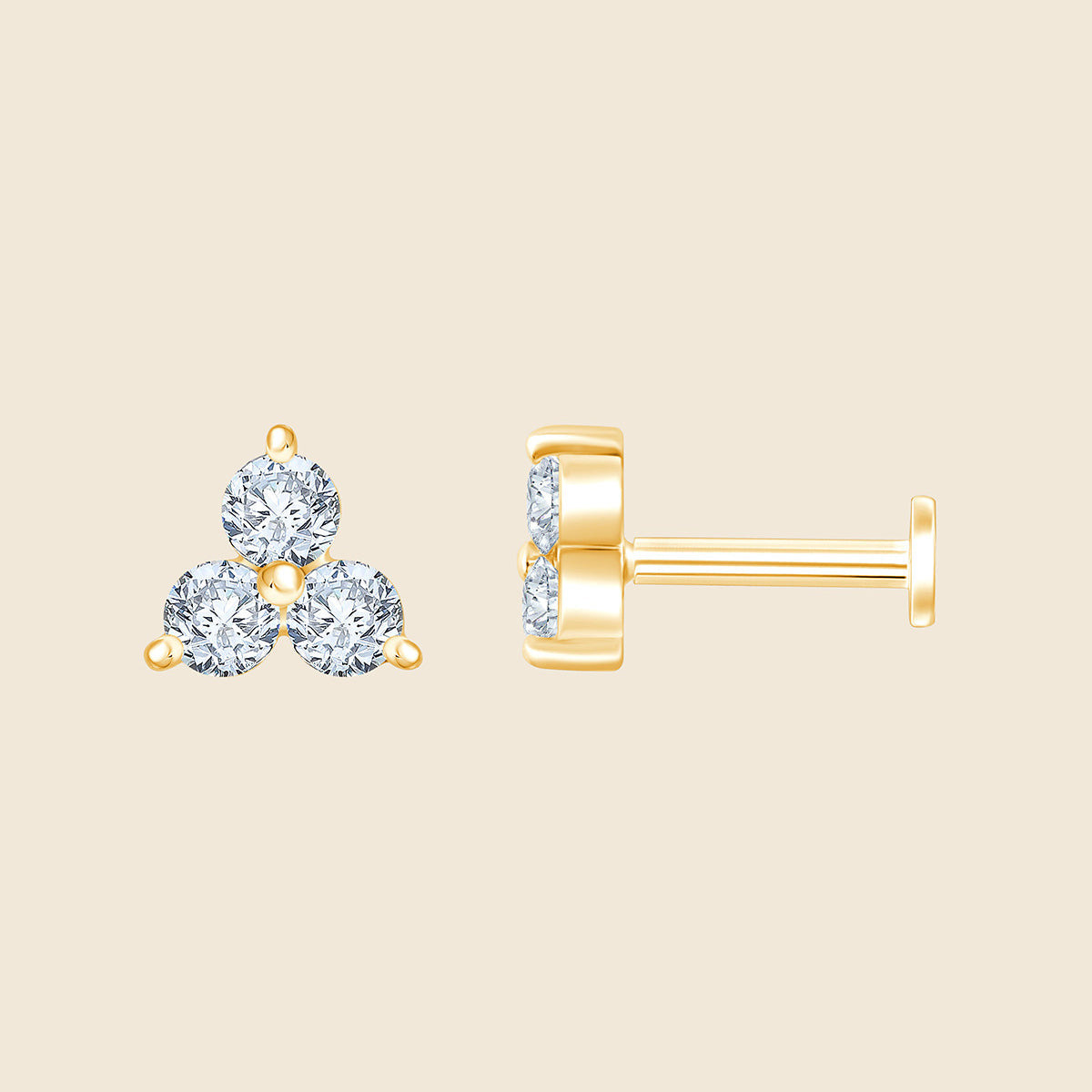 14k Gelbgold Piercing mit 3 Lab-Grown Diamanten im Rund-Schliff