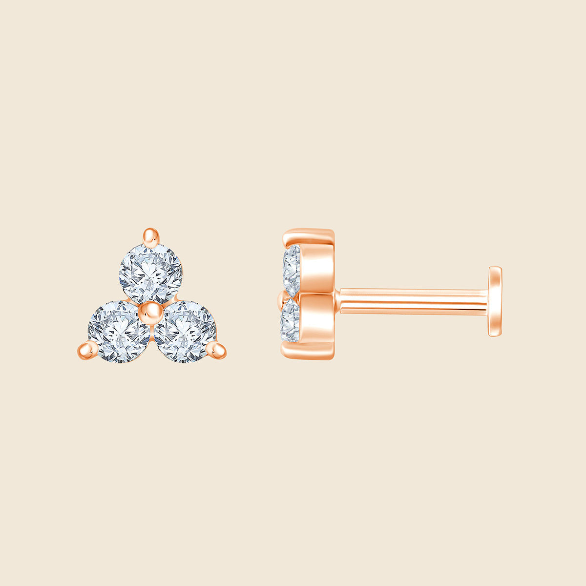 14k Rosegold Piercing mit 3 Lab-Grown Diamanten im Rund-Schliff