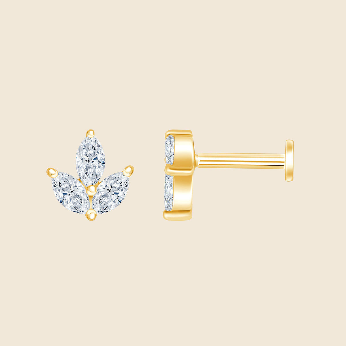 14k Gelbgold Piercing mit 3 Lab-Grown Diamanten im Marquise-Schliff