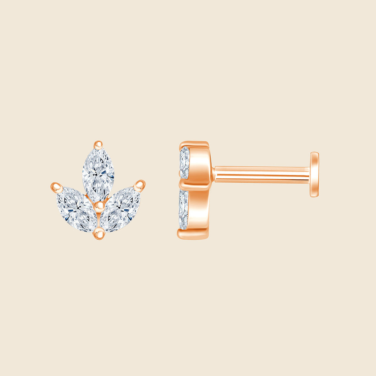 14k Rosegold Piercing mit 3 Lab-Grown Diamanten im Marquise-Schliff