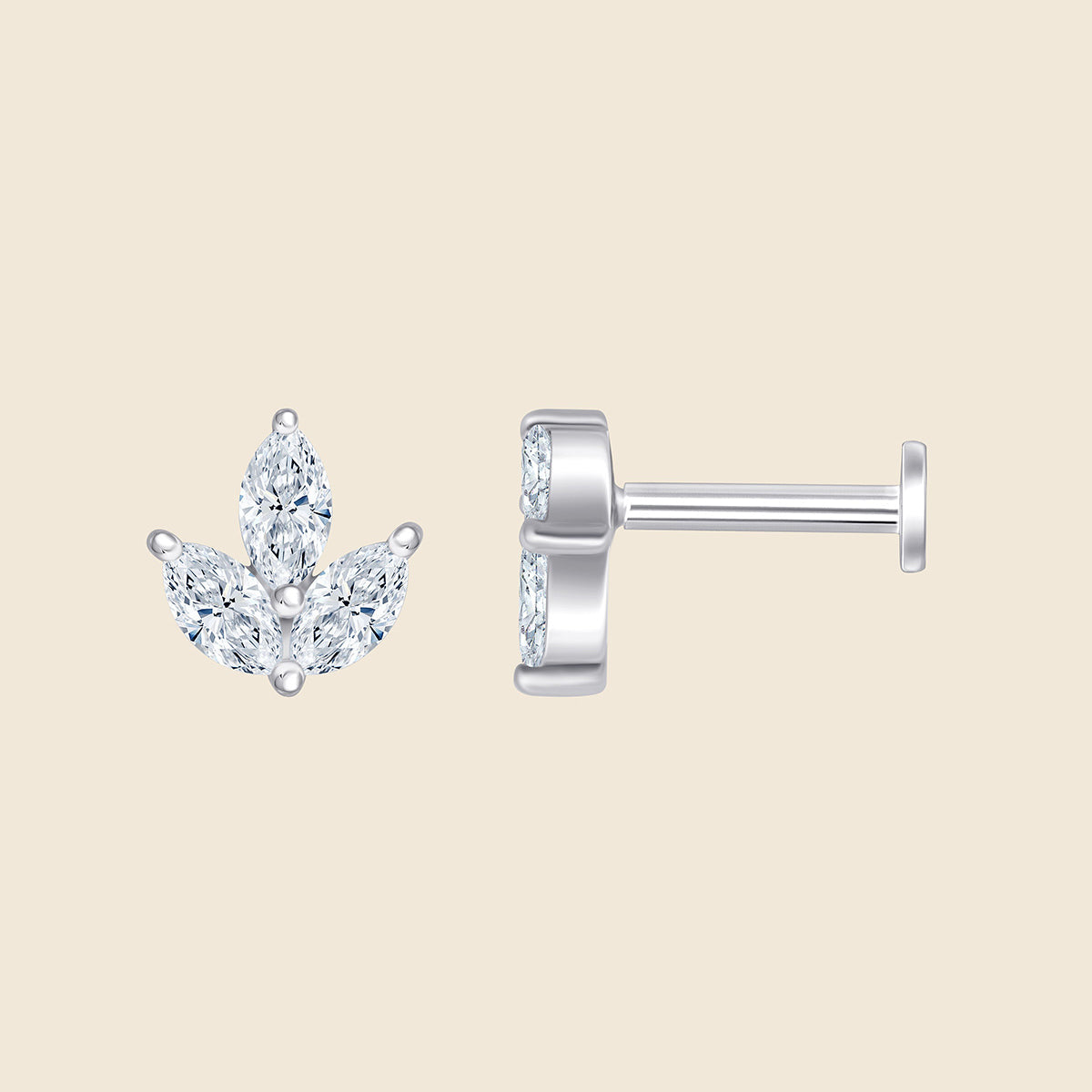 14k Weißgold Piercing mit 3 Lab-Grown Diamanten im Marquise-Schliff