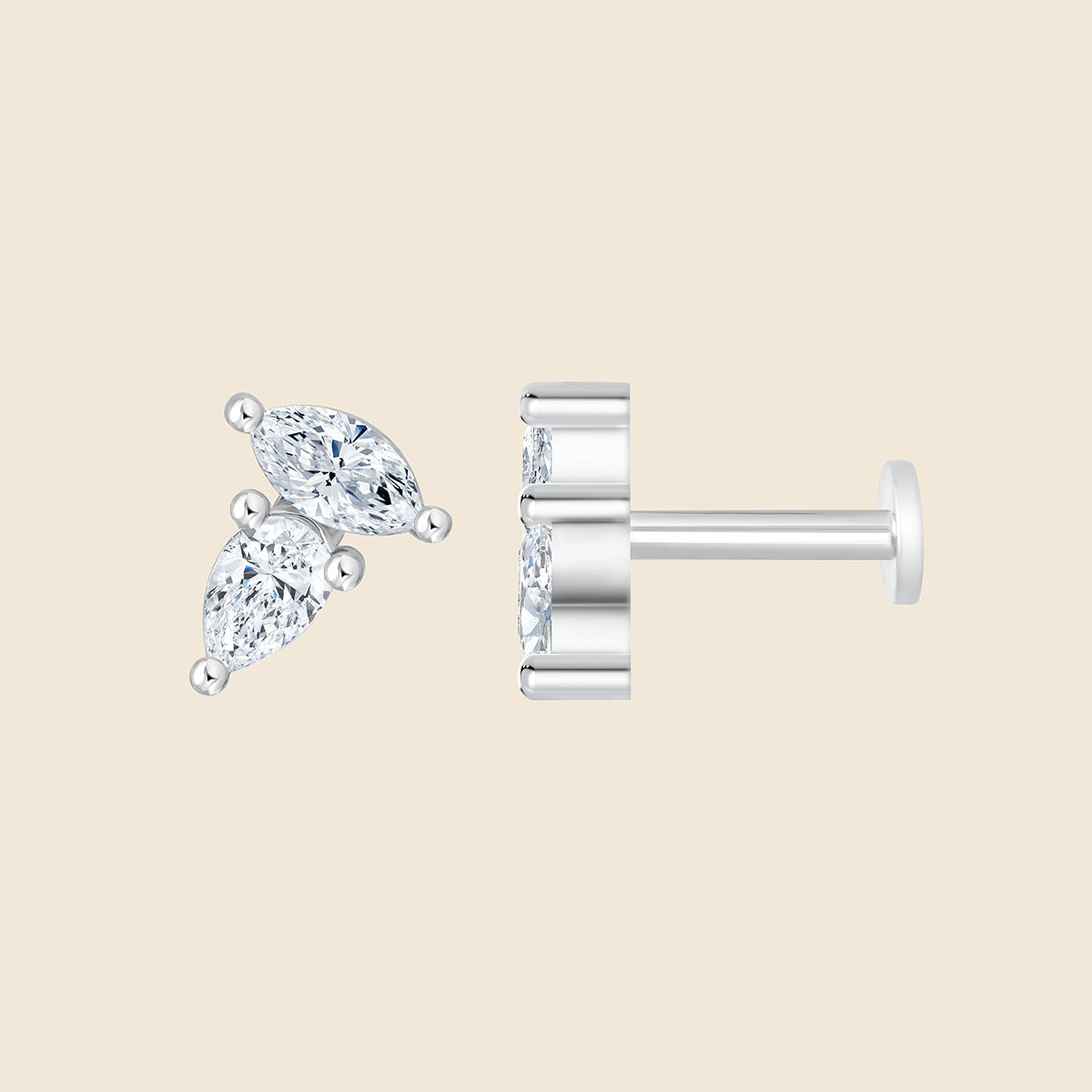 14k Weißgold Piercing mit 2 Lab-Grown Diamanten im Marquise- und Birnen-Schliff