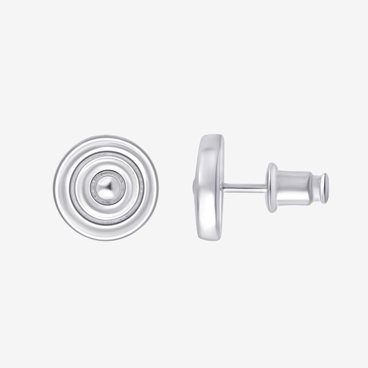 Silberne Ohrstecker mit konzentrischem Kreisdesign, Vorderseite- und Seitenansicht