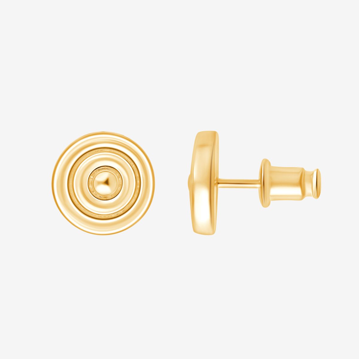 Goldene Ohrstecker mit konzentrischem Kreisdesign, Vorderseite- und Seitenansicht