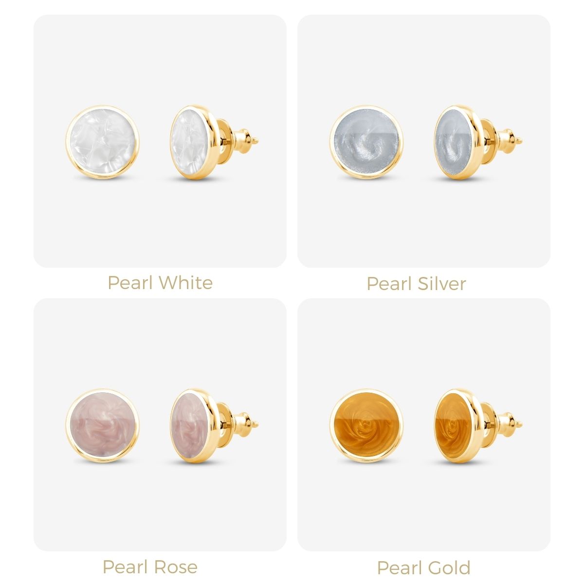 Vier runde Ohrringe in Perlmuttfarben: Weiß, Silber, Rosé, Gold