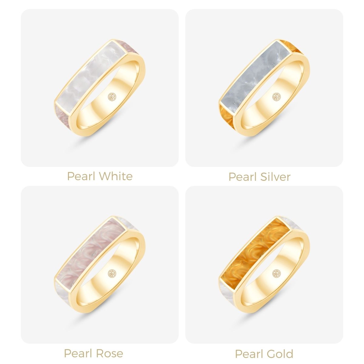 Vier Unisex Ringe  in Perlmuttfarben: Weiß, Silber, Rosé, Gold mit goldener Fassung  in Rasternansicht dargestellt 