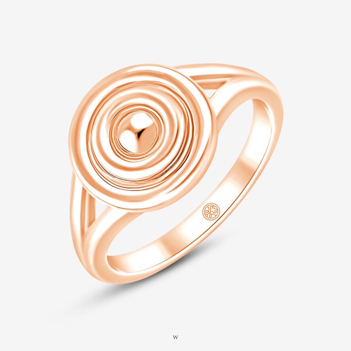 Rosé Ring mit rundem, konzentrischem Kreisdesign auf der Ringschiene 