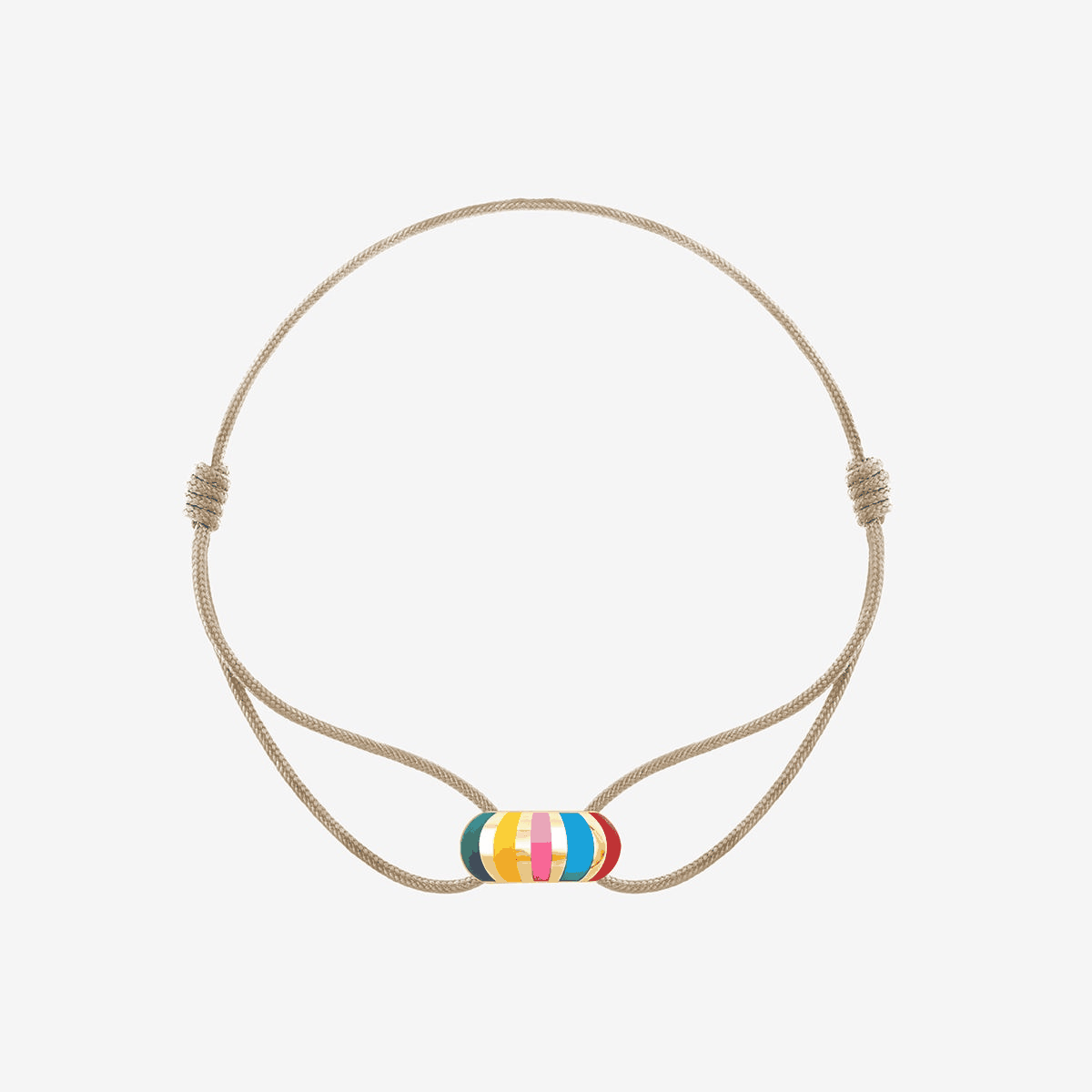 Kordelarmband beige mit runder Rondelle in gelbgold mit bunten Streifen.