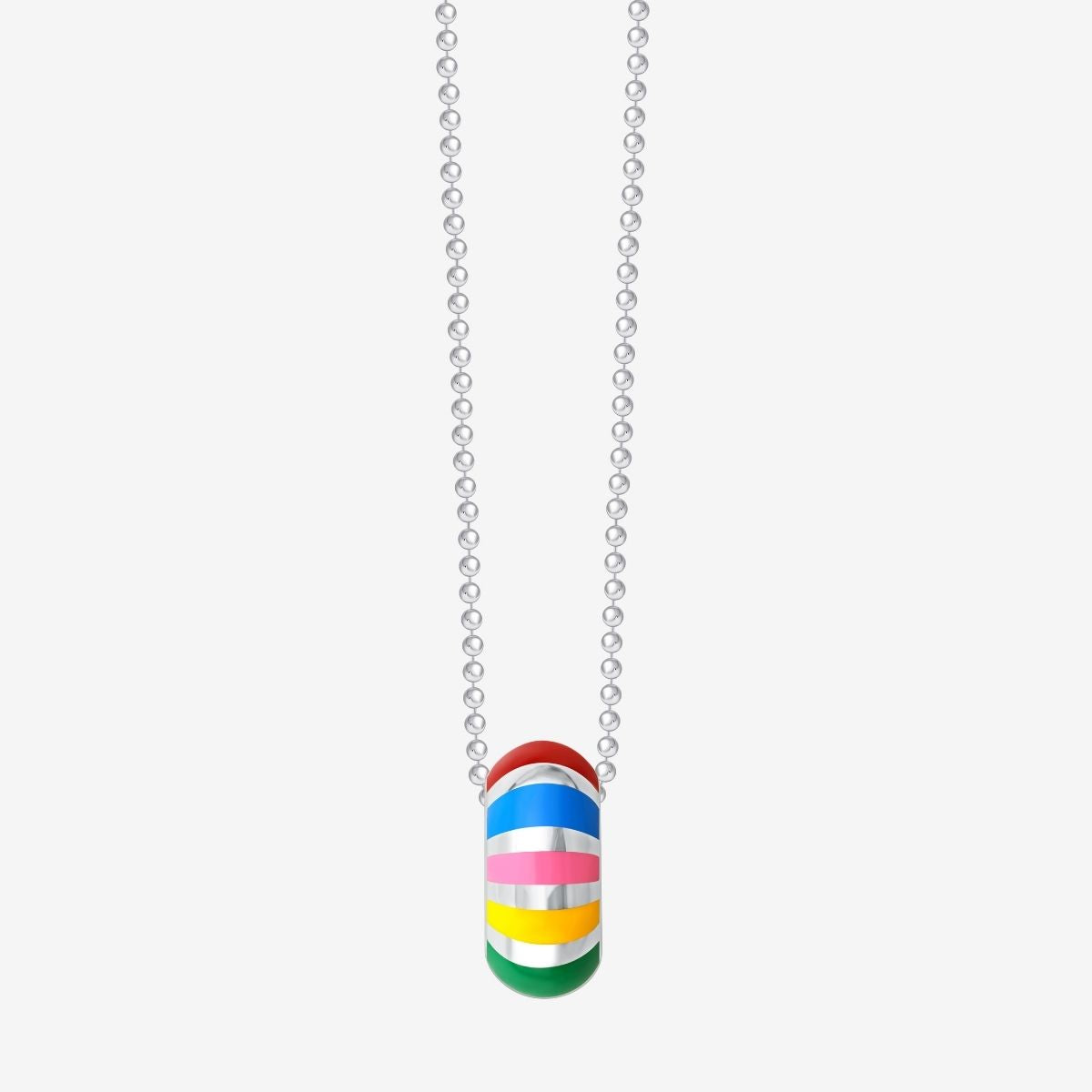 Silberne Gliederkette mit bunten Rondellen – Produktansicht auf grauem Hintergrund.