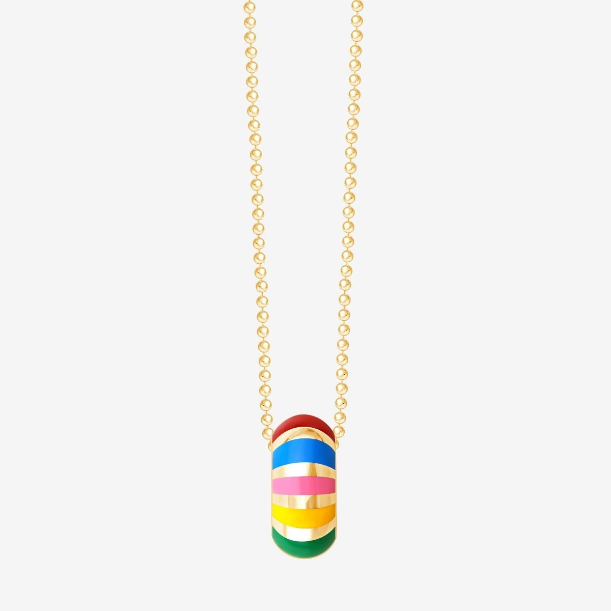 Gelbgoldene Gliederkette mit bunten Rondellen – Produktansicht auf grauem Hintergrund.