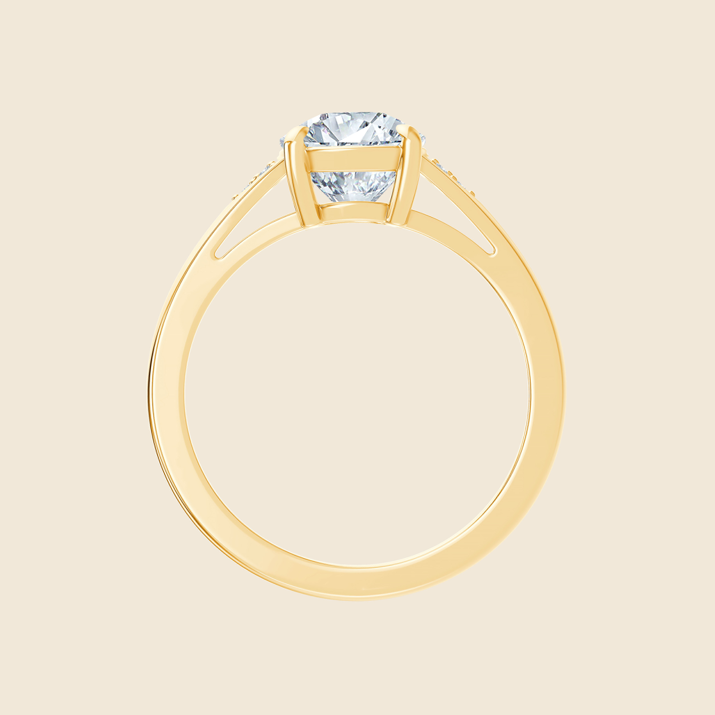 Verlobungsring aus Gelbgold mit Lab Diamant im Elongated Cushion-Schliff und sechs runden Seitensteinen in Krappenfassung, seitlich