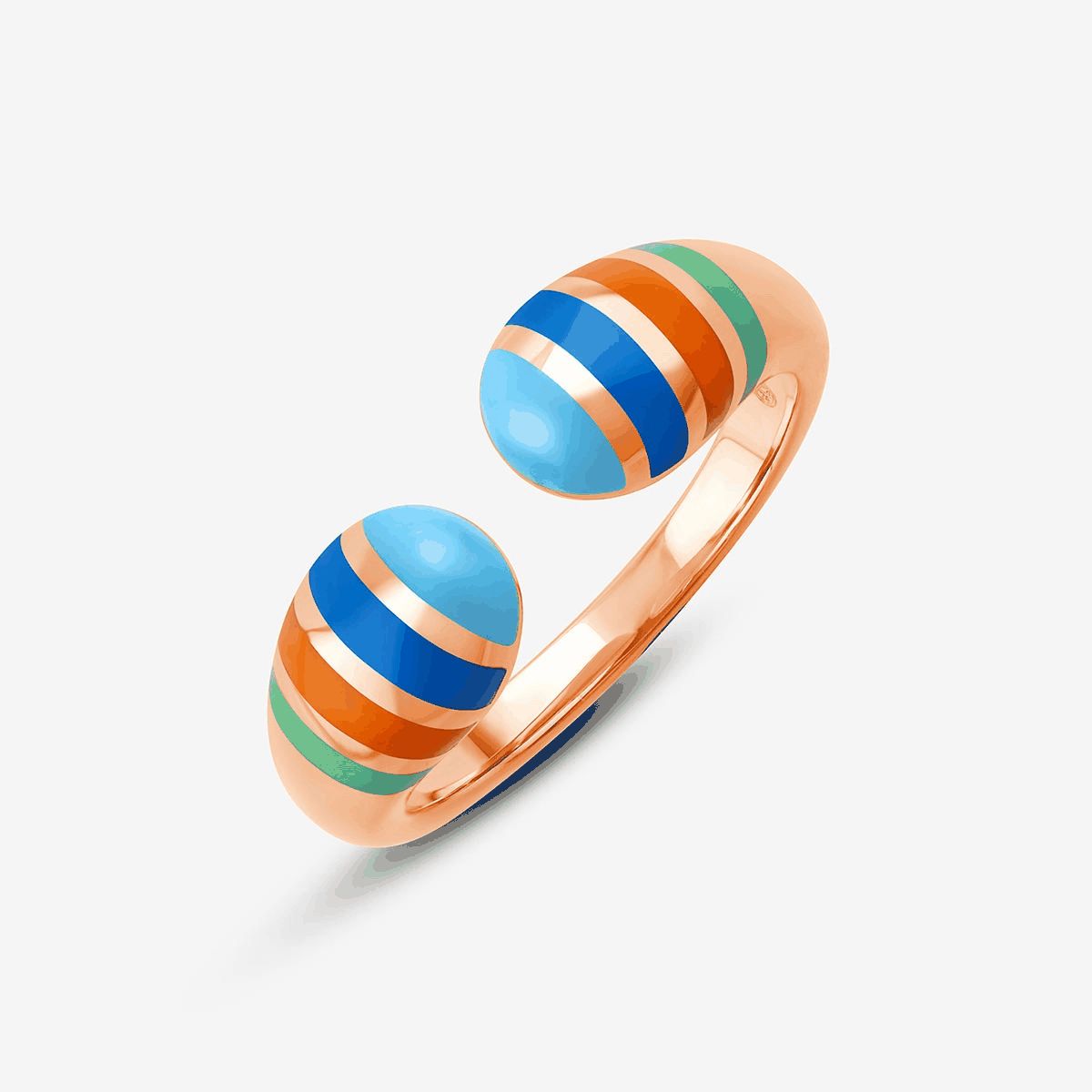Dicker, offener Ring roségold mit breiter runder Form und bunten, horizontalen Streifen.