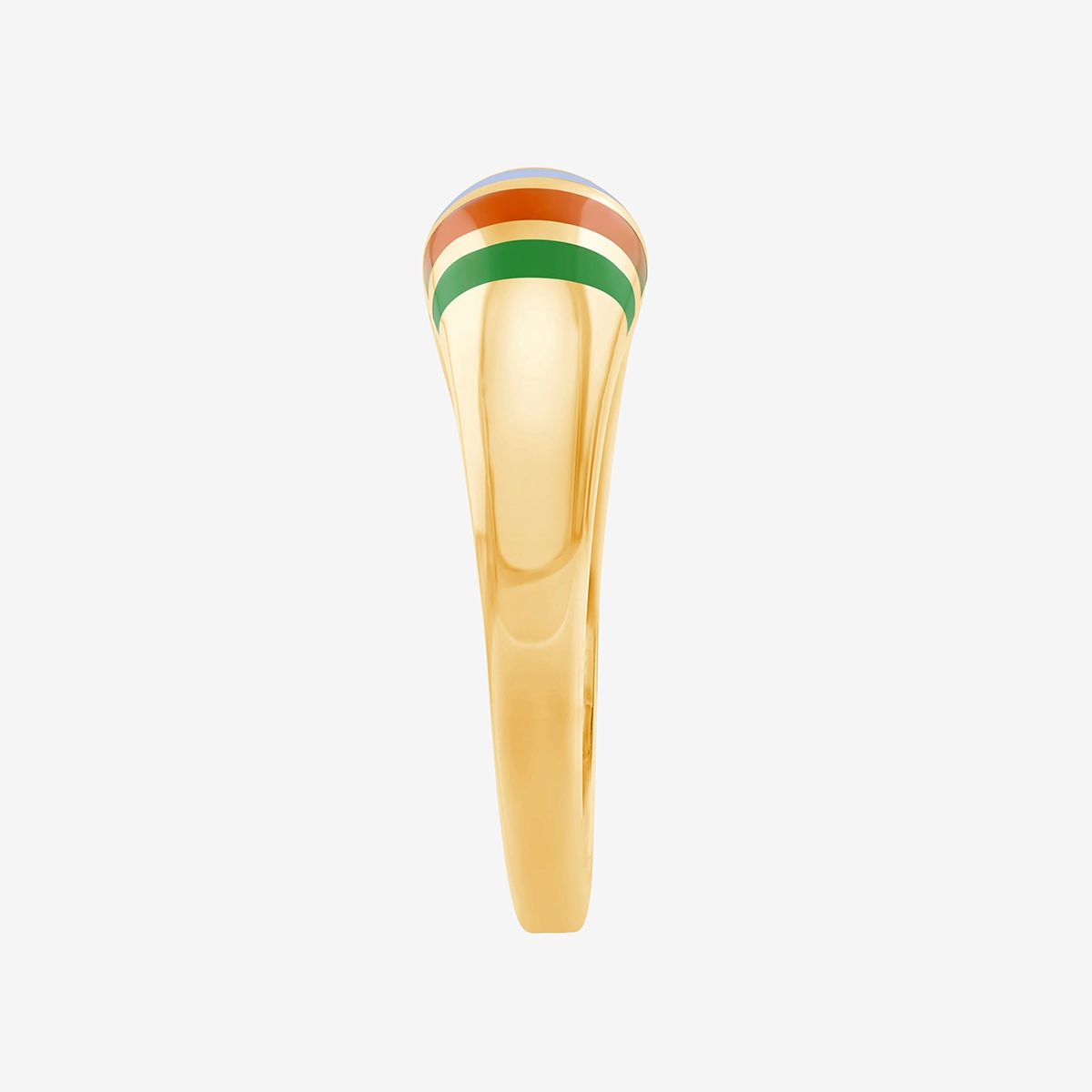 Dicker, offener Ring gelbgold mit breiter runder Form und bunten, horizontalen Streifen seite