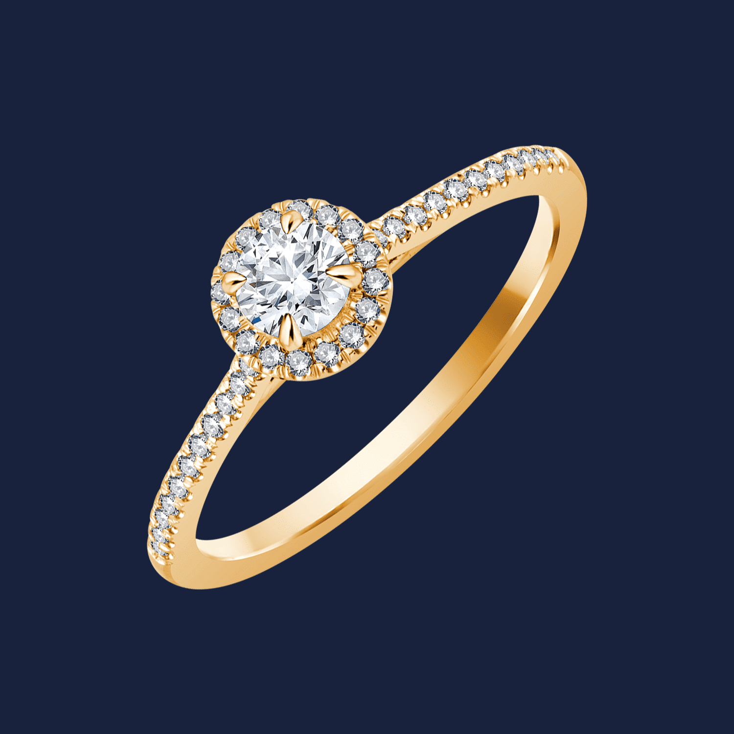 Verlobungsring in Gelbgold mit natürlichem Diamant als feinen Halo